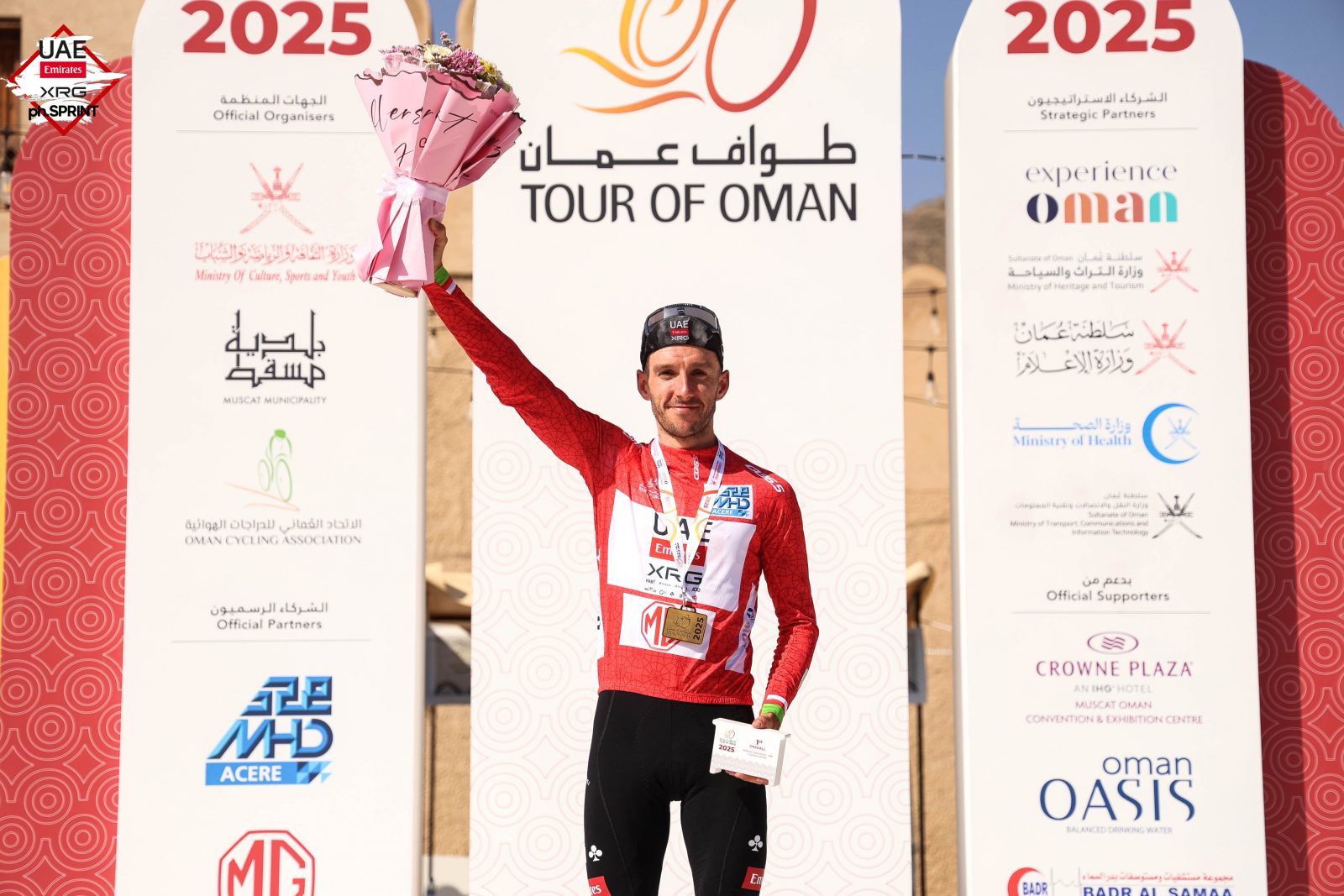 Adam Yates celebrates his Tour of Oman victory