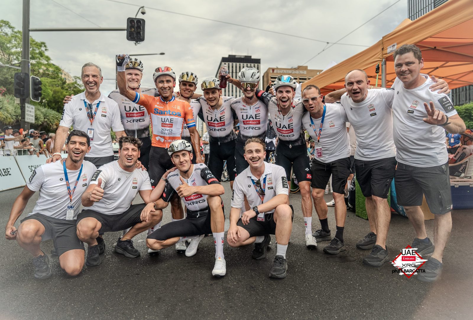 UAE Team Emirates-XRG staff and riders celebrate a fantastic spell of racing Down Under