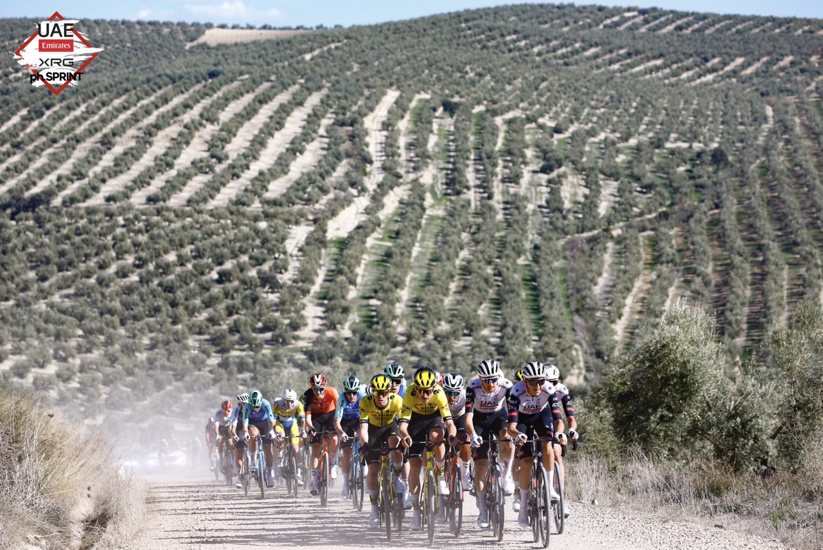 UAE Team Emirates-XRG guide the peloton over the gravel of Jaén